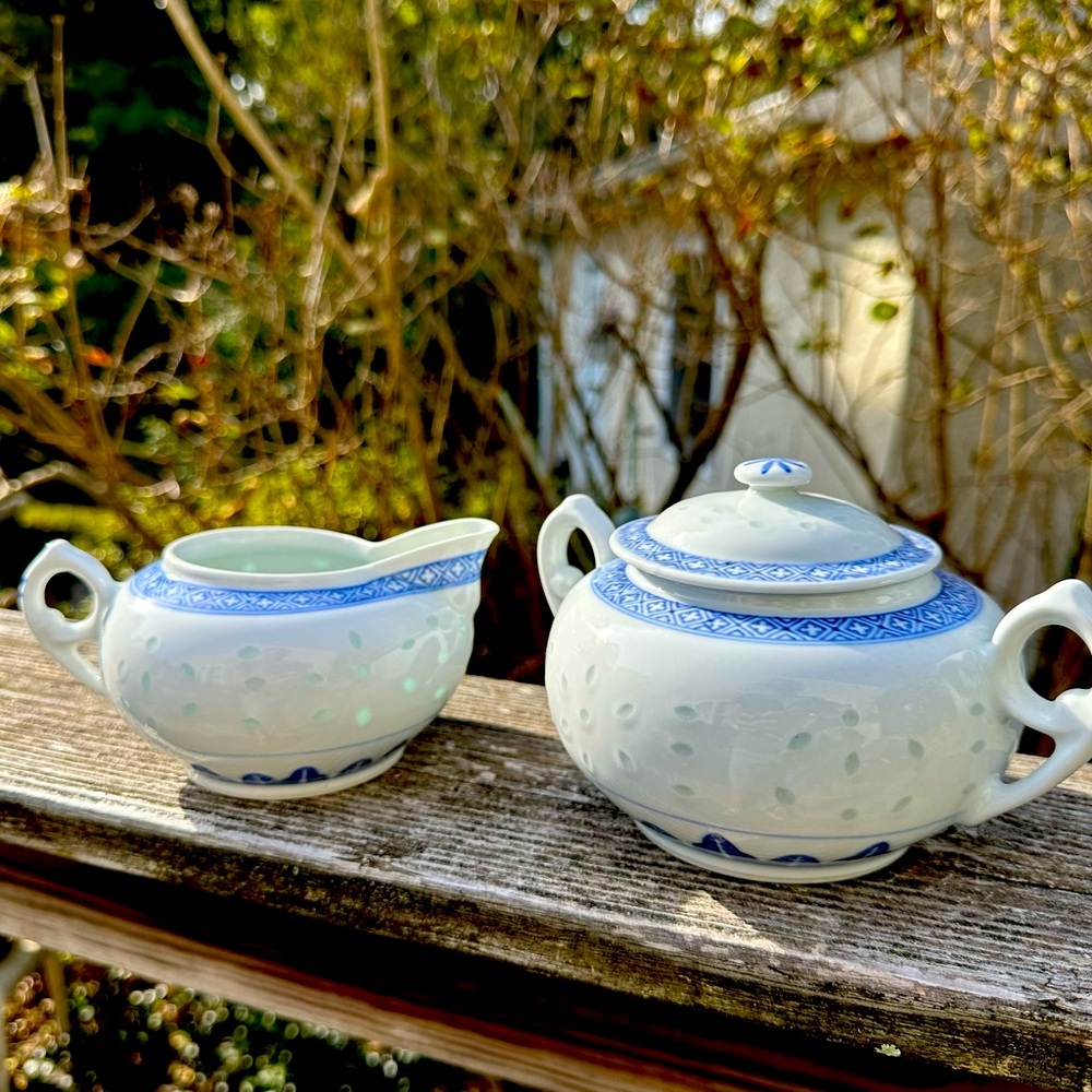 Rice Grain Blue and White Creamer and Sugar- Complements Rice Flower Pattern